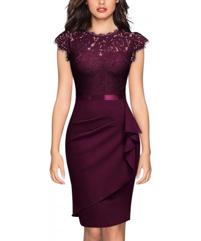 Women's Elegant Floral Lace Ruffle Design Cap Sleeve Cocktail Party Dress Burgundy $27.53 Dresses