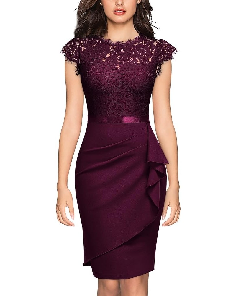 Women's Elegant Floral Lace Ruffle Design Cap Sleeve Cocktail Party Dress Burgundy $27.53 Dresses