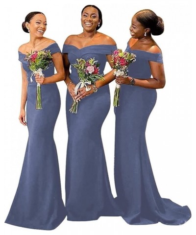 Women's Elegant Satin Bridesmaid Dress 2023 Long Mermaid Prom Dresses Off Shoulder Ball Gown with Train ABC1787 Dusty Blue $2...