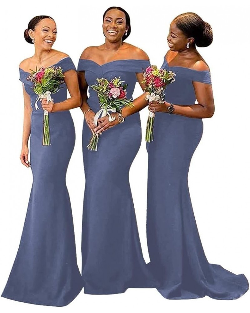 Women's Elegant Satin Bridesmaid Dress 2023 Long Mermaid Prom Dresses Off Shoulder Ball Gown with Train ABC1787 Dusty Blue $2...