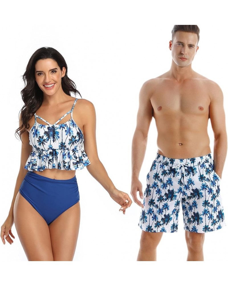 Couple Matching Swimsuits Bikini High Waisted Set Swim Trunks Bathing Suits for Women Men Women 22 Blue $14.57 Swimsuits