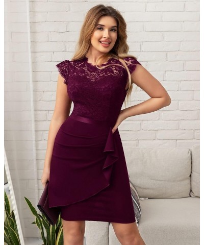 Women's Elegant Floral Lace Ruffle Design Cap Sleeve Cocktail Party Dress Burgundy $27.53 Dresses