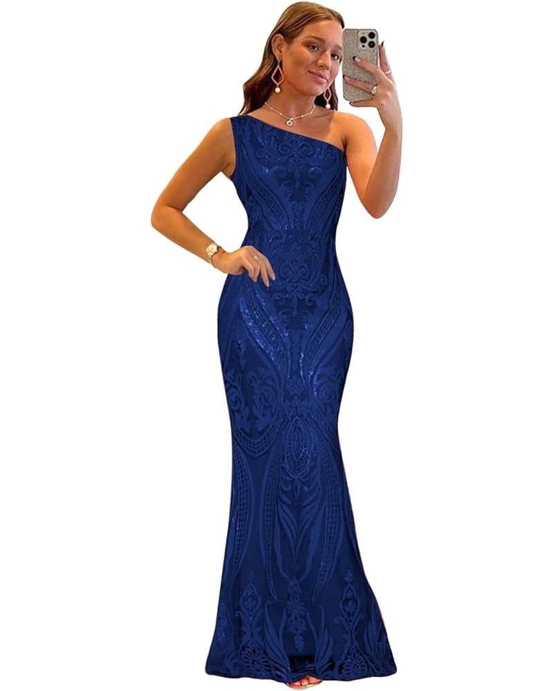 Sequin One Shoulder Prom Dresses for Women Mermaid Long Ball Gown Tight Sparkly Formal Evening Party Dress Navy Blue $35.69 D...