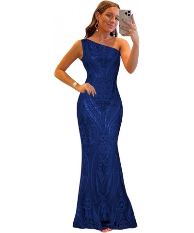 Sequin One Shoulder Prom Dresses for Women Mermaid Long Ball Gown Tight Sparkly Formal Evening Party Dress Navy Blue $35.69 D...