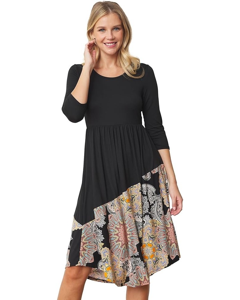 Eloges Women's 3/4 Sleeve Contrast Color Block Midi Dress | S-3X Black Asymmetric Medallion $22.56 Dresses