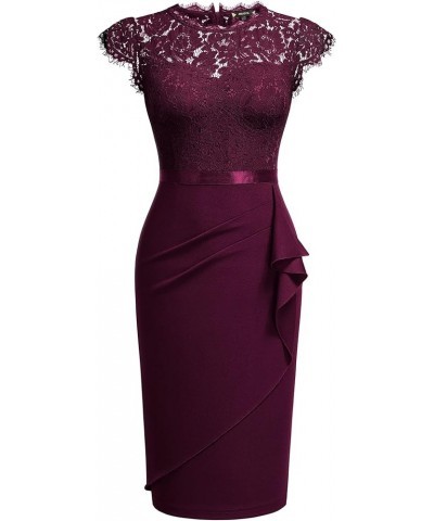 Women's Elegant Floral Lace Ruffle Design Cap Sleeve Cocktail Party Dress Burgundy $27.53 Dresses