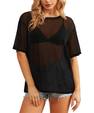 Women's Summer Short Sleeve Tops See Through Mesh Sheer Sexy T Shirt Blouse 02black $10.39 Blouses