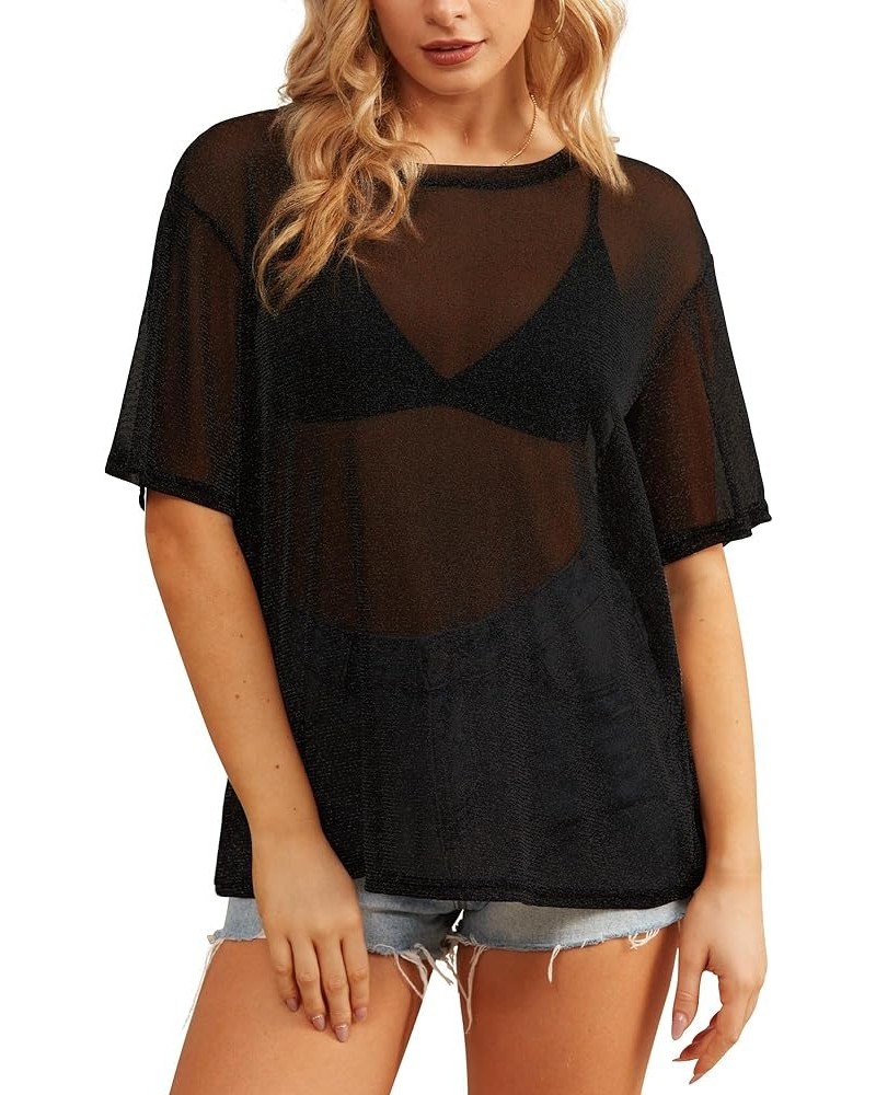 Women's Summer Short Sleeve Tops See Through Mesh Sheer Sexy T Shirt Blouse 02black $10.39 Blouses