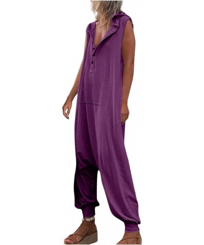 Jumpsuits for Women,Sleeveless Hooded V Neck Button Down Solid Color Casual Loose Pants with Big Sturdy Pocket 02-purple $15....