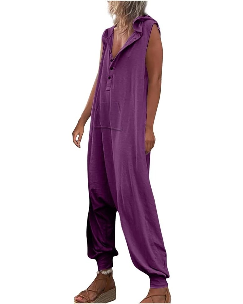 Jumpsuits for Women,Sleeveless Hooded V Neck Button Down Solid Color Casual Loose Pants with Big Sturdy Pocket 02-purple $15....