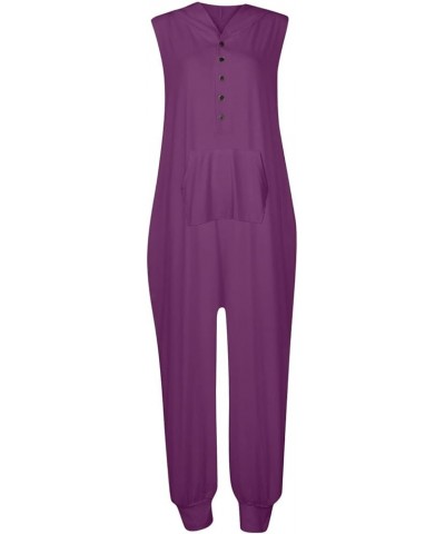 Jumpsuits for Women,Sleeveless Hooded V Neck Button Down Solid Color Casual Loose Pants with Big Sturdy Pocket 02-purple $15....