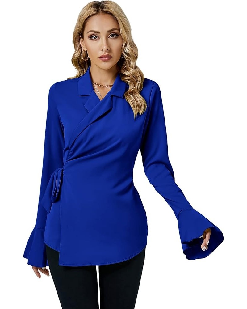 Women's Elegant Long Bell Sleeve Notch Collar Wrap Self Tie Waist Slim Blouse Top Shirts Royal Blue $15.89 Blouses