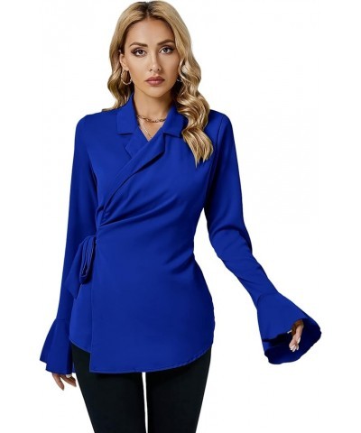 Women's Elegant Long Bell Sleeve Notch Collar Wrap Self Tie Waist Slim Blouse Top Shirts Royal Blue $15.89 Blouses