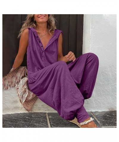 Jumpsuits for Women,Sleeveless Hooded V Neck Button Down Solid Color Casual Loose Pants with Big Sturdy Pocket 02-purple $15....