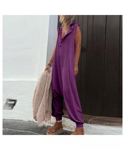 Jumpsuits for Women,Sleeveless Hooded V Neck Button Down Solid Color Casual Loose Pants with Big Sturdy Pocket 02-purple $15....