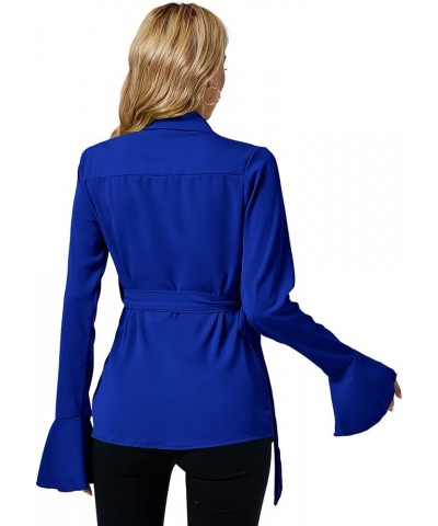 Women's Elegant Long Bell Sleeve Notch Collar Wrap Self Tie Waist Slim Blouse Top Shirts Royal Blue $15.89 Blouses