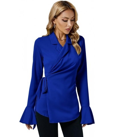 Women's Elegant Long Bell Sleeve Notch Collar Wrap Self Tie Waist Slim Blouse Top Shirts Royal Blue $15.89 Blouses