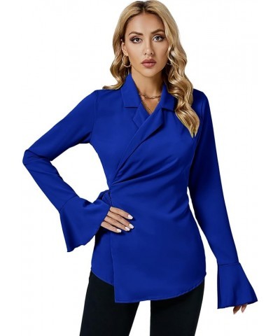 Women's Elegant Long Bell Sleeve Notch Collar Wrap Self Tie Waist Slim Blouse Top Shirts Royal Blue $15.89 Blouses