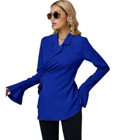 Women's Elegant Long Bell Sleeve Notch Collar Wrap Self Tie Waist Slim Blouse Top Shirts Royal Blue $15.89 Blouses