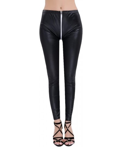 Women Two-Way Zipper Open Crotch Stretchy Faux Leather Leggings Skinny Pants Black $9.87 Leggings