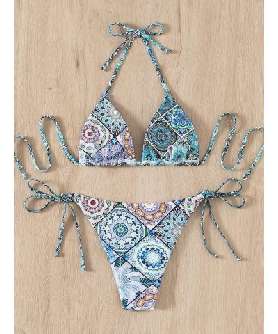 Women's Floral Allover Print Tie Halter Bathing Suit Sexy Bikini Swimsuit A Multicolored $12.03 Swimsuits