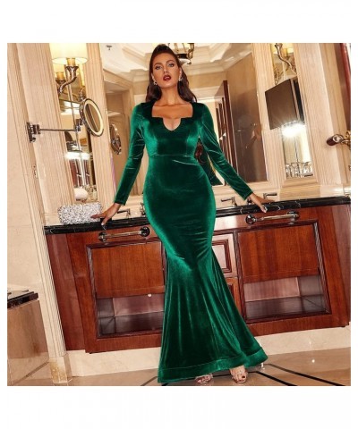 Women’s Formal Velvet V Neck Mermaid Maxi Homecoming Dress, Bodycon Long Sleeve Party Gown Green $44.04 Dresses