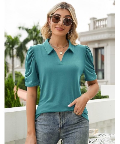 Women's Short Sleeve Polo Shirts V Neck Casual Collared Tops Work Tunic Blouses Teal $13.49 Shirts