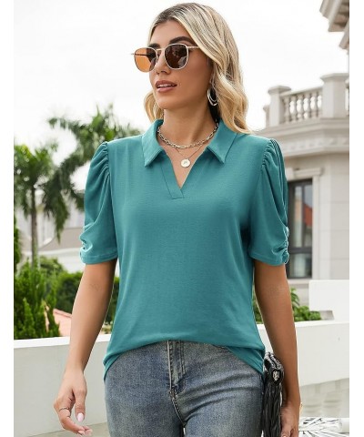 Women's Short Sleeve Polo Shirts V Neck Casual Collared Tops Work Tunic Blouses Teal $13.49 Shirts