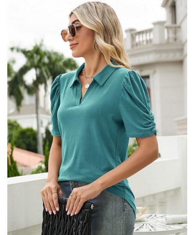 Women's Short Sleeve Polo Shirts V Neck Casual Collared Tops Work Tunic Blouses Teal $13.49 Shirts