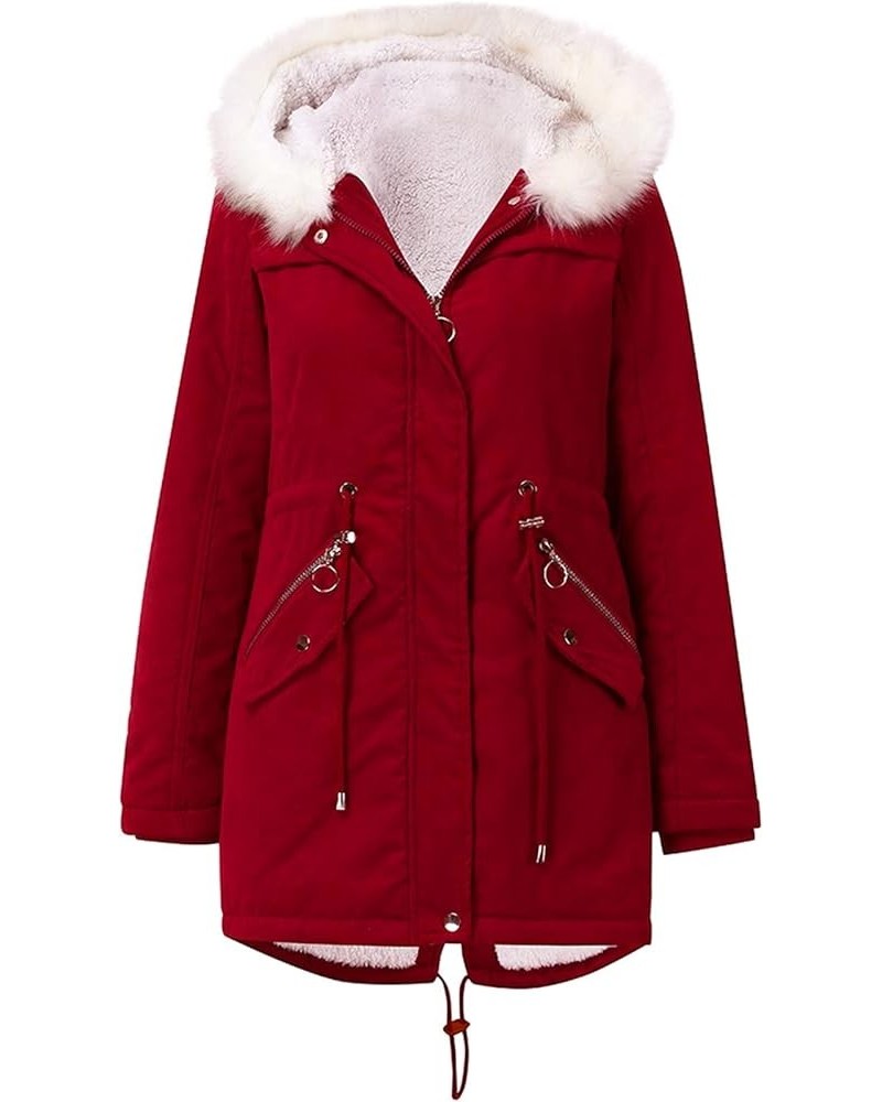 Women's Fleece Lined Hooded Jacket Winter Warm Parka Jackets Thicken Insulated Faux Fur Long Coat With Hood Red $38.87 Jackets