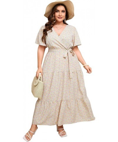 Women Plus Size V Neck Wrap Maxi Dress High Waist Ruffle Short Sleeves Casual Summer Dress with Belt Short Sleeve Yellow Pink...