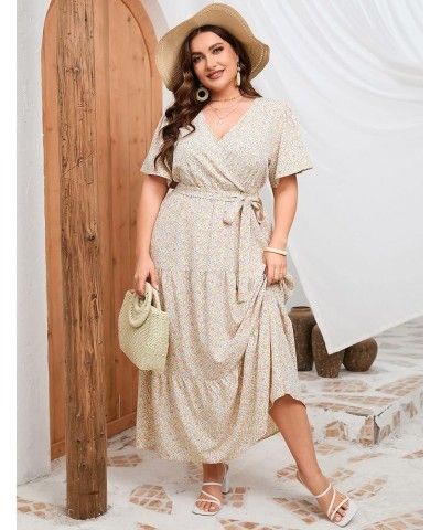 Women Plus Size V Neck Wrap Maxi Dress High Waist Ruffle Short Sleeves Casual Summer Dress with Belt Short Sleeve Yellow Pink...