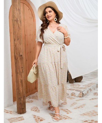 Women Plus Size V Neck Wrap Maxi Dress High Waist Ruffle Short Sleeves Casual Summer Dress with Belt Short Sleeve Yellow Pink...