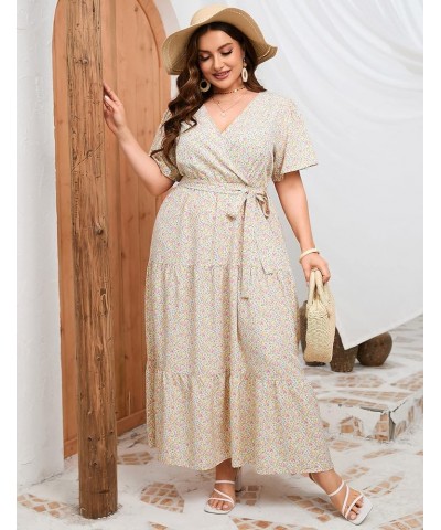 Women Plus Size V Neck Wrap Maxi Dress High Waist Ruffle Short Sleeves Casual Summer Dress with Belt Short Sleeve Yellow Pink...