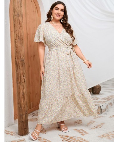 Women Plus Size V Neck Wrap Maxi Dress High Waist Ruffle Short Sleeves Casual Summer Dress with Belt Short Sleeve Yellow Pink...