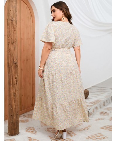 Women Plus Size V Neck Wrap Maxi Dress High Waist Ruffle Short Sleeves Casual Summer Dress with Belt Short Sleeve Yellow Pink...