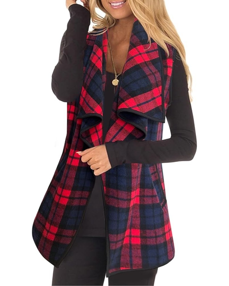 Women Vest Lapel Open Front Buffalo Plaid Sleeveless Cardigan Jacket Coat with Pockets Red Navy $18.75 Vests