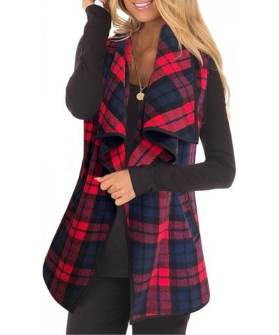 Women Vest Lapel Open Front Buffalo Plaid Sleeveless Cardigan Jacket Coat with Pockets Red Navy $18.75 Vests