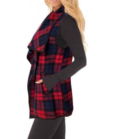 Women Vest Lapel Open Front Buffalo Plaid Sleeveless Cardigan Jacket Coat with Pockets Red Navy $18.75 Vests