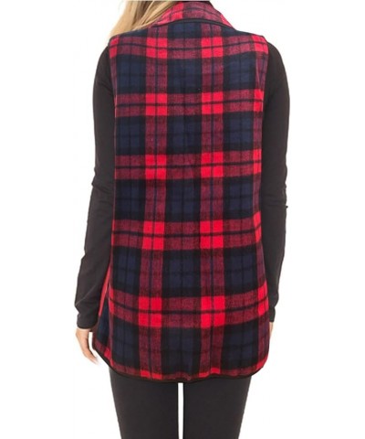 Women Vest Lapel Open Front Buffalo Plaid Sleeveless Cardigan Jacket Coat with Pockets Red Navy $18.75 Vests