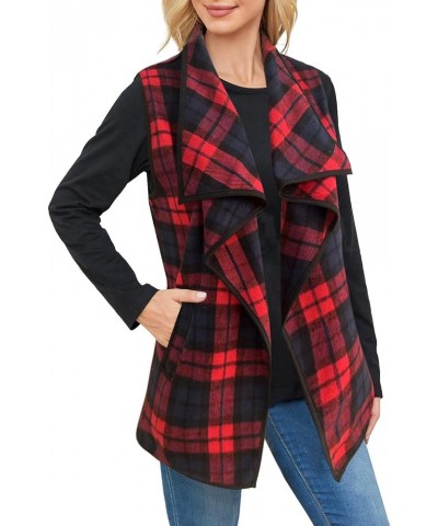 Women Vest Lapel Open Front Buffalo Plaid Sleeveless Cardigan Jacket Coat with Pockets Red Navy $18.75 Vests