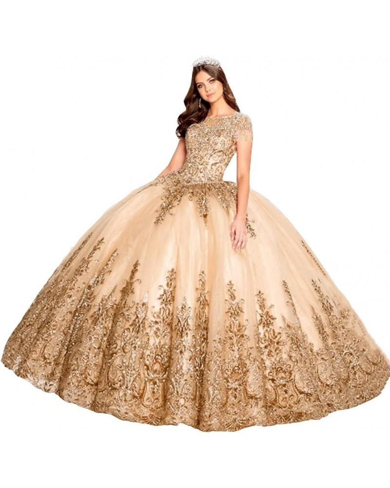 Women's Embroidery Princess Quinceanera Dresses with Wrap Lace Floral Applique Beads Ball Gown Sweet 16 Dresses Champagne $90...