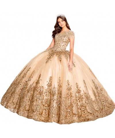 Women's Embroidery Princess Quinceanera Dresses with Wrap Lace Floral Applique Beads Ball Gown Sweet 16 Dresses Champagne $90...