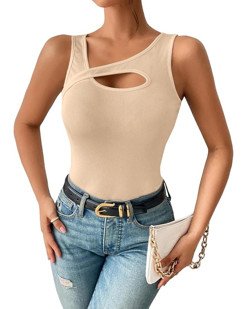 Women's Sexy Cut Out Asymmetrical Neck Sleeveless Fitted Tank Top Blouse Beige $13.91 Tanks