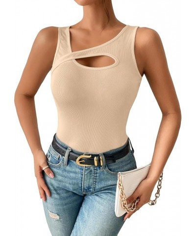 Women's Sexy Cut Out Asymmetrical Neck Sleeveless Fitted Tank Top Blouse Beige $13.91 Tanks