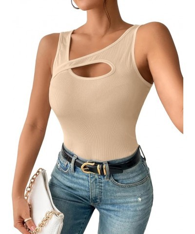 Women's Sexy Cut Out Asymmetrical Neck Sleeveless Fitted Tank Top Blouse Beige $13.91 Tanks