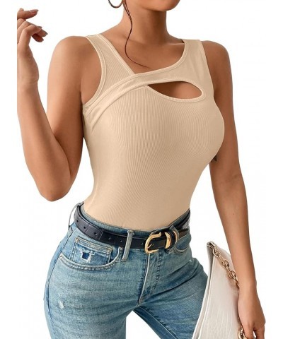 Women's Sexy Cut Out Asymmetrical Neck Sleeveless Fitted Tank Top Blouse Beige $13.91 Tanks