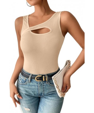 Women's Sexy Cut Out Asymmetrical Neck Sleeveless Fitted Tank Top Blouse Beige $13.91 Tanks