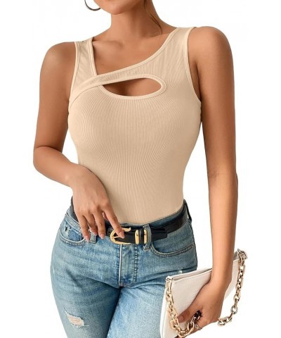 Women's Sexy Cut Out Asymmetrical Neck Sleeveless Fitted Tank Top Blouse Beige $13.91 Tanks