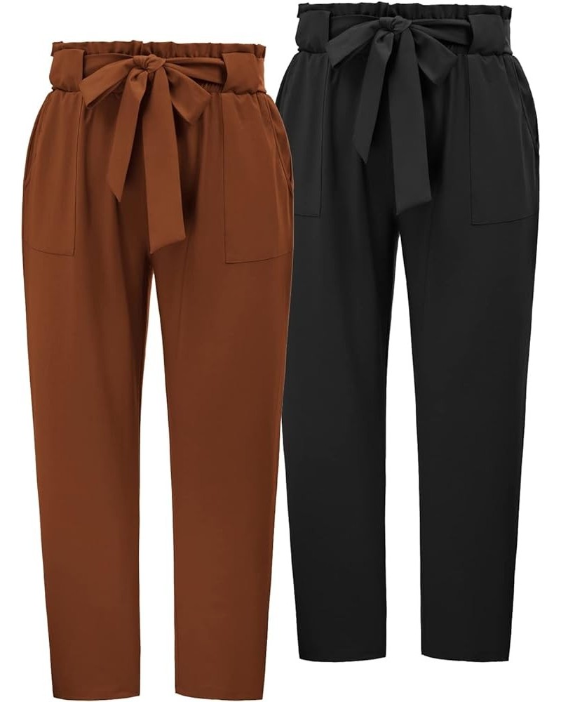 Women's Plus Size Cropped Paper Bag Waist Self-tie Belted Pants with Pockets Black+coffee $22.95 Pants